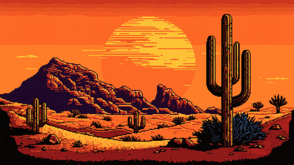 AI generated Wild West desert pixel background - obrazy, fototapety, plakaty