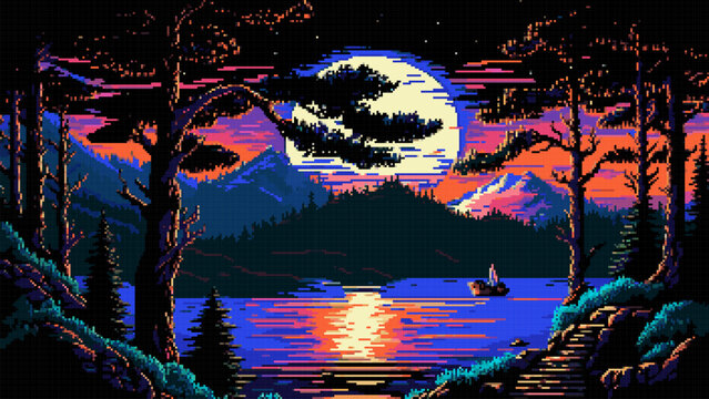 Night mountain lake, moon landscape, AI generated