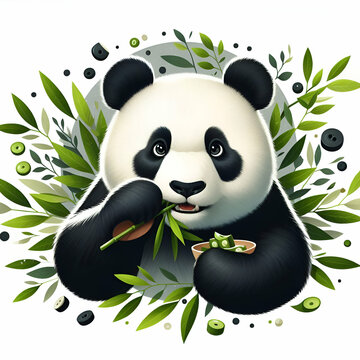 Whimsical bamboo leaf eating spanda illustration isolated on white background 