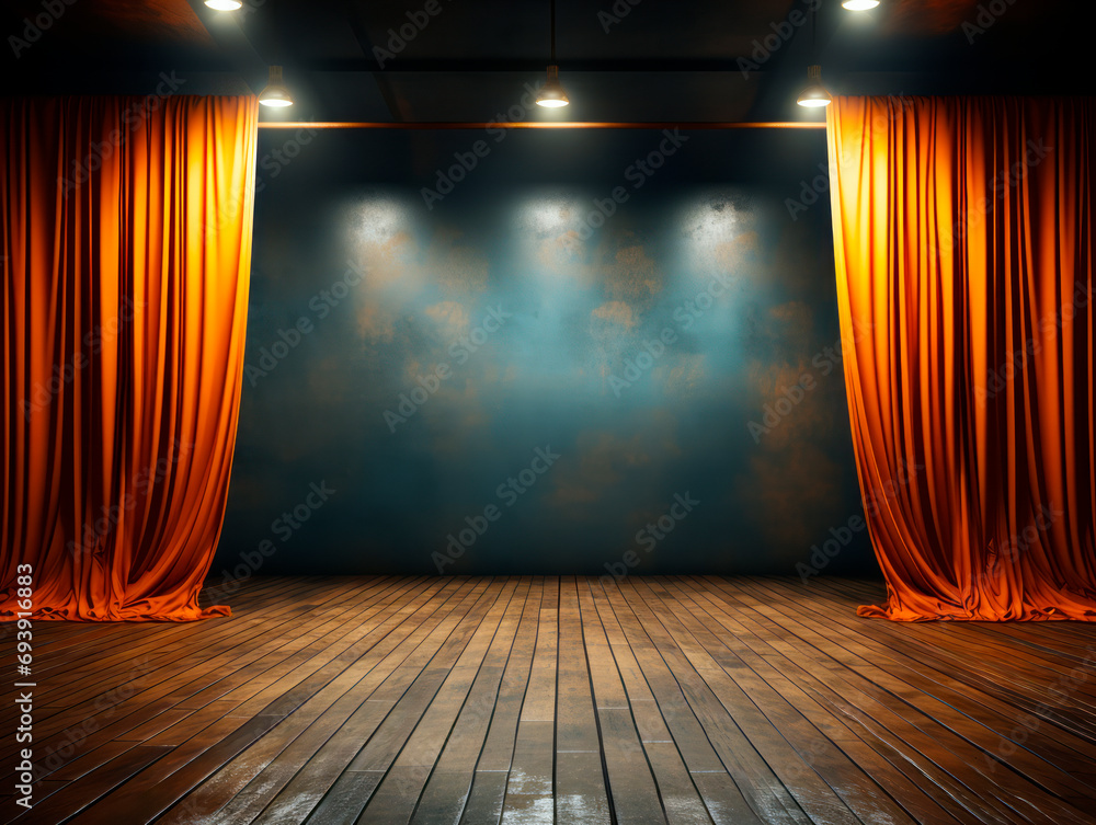 Poster contemporary stage with ambient lighting and orange drapes against a textured backdrop. generative a