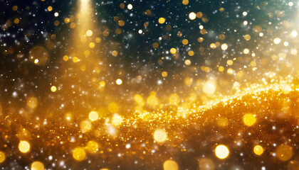 Christmas Golden light shine particles bokeh on black background. Holiday concept. Abstract background with  black and gold particle.