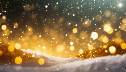Fototapeta na wymiar Christmas Golden light shine particles bokeh on snow background. Holiday concept. Abstract background with snow and gold particle.