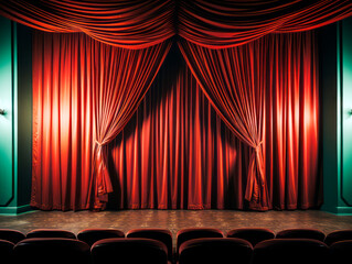 Traditional theater stage with majestic red curtains and a welcoming, grand atmosphere. Generative AI
