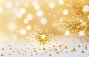 Christmas Golden light shine particles bokeh on snow background. Holiday concept. Abstract background with snow and gold particle.