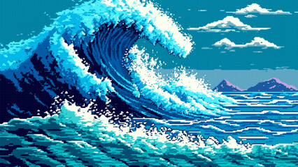 Tsunami sea waves landscape, ai pixel game scene - obrazy, fototapety, plakaty