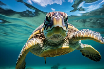 Obraz premium Image of a sea turtle swimming in the sea.