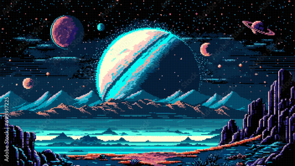 Poster ai generated pixel game space planet landscape