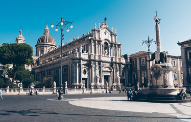 Catania, Sicily (Italy). Dome the fountain elephant and the Cathedral of Saint Agatha.