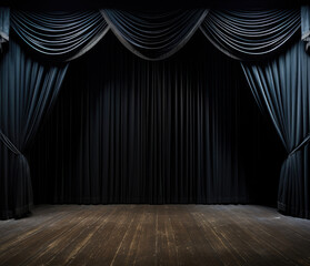 wooden stage with black curtains