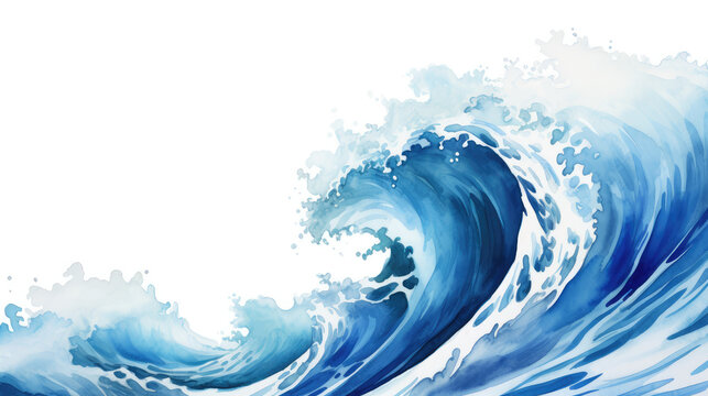 sea wave in deep blue watercolor background. Surf concept illustration