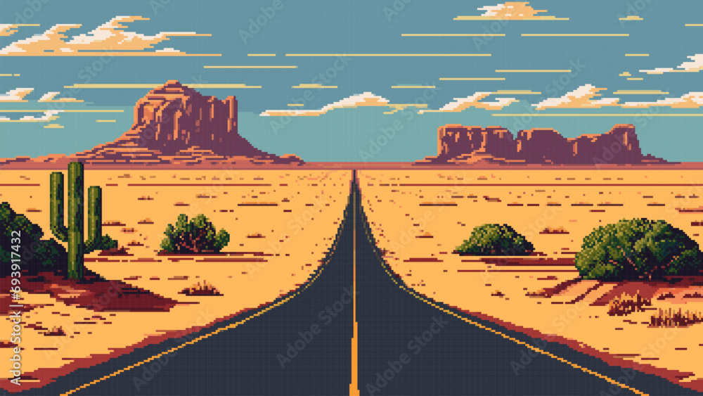 Wall mural 8 bit pixel art wild west desert road landscape ai