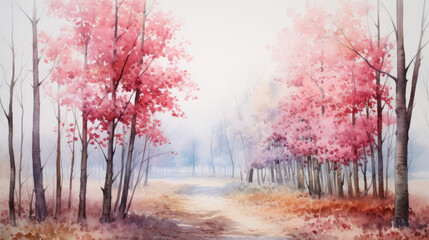 autumn scenery in the forest. Watercolor nature background