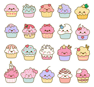 Funny kawaii cupcakes. Cute sweet food dessert characters. Hand drawn style. Vector drawing. Collection of design elements.