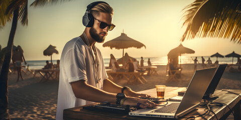 Young bearded male dj wearing headphones and sunglasses playing music on beach party at sunset...