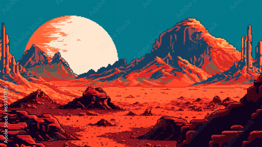 Aufkleber mars red planet landscape ai 8bit pixel game scene