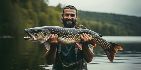 Portrait of candid happy angler holding huge trophy pike fish in hands standing on river water background - obrazy, fototapety, plakaty