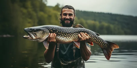 Foto op Canvas Portrait of candid happy angler holding huge trophy pike fish in hands standing on river water background © Bonsales