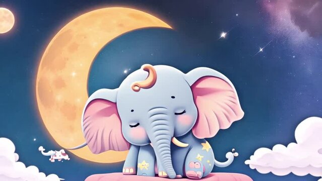 breathing animation, cute elephant lullaby cartoon sleeping on forest, looped video background