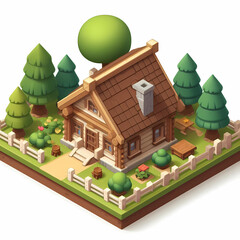 Government Office Forest Wooden Building 3D Isometric Design for Game and mapping 