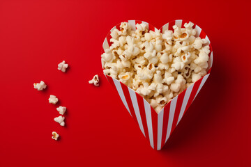 Popcorn in heart shaped cardboard box.