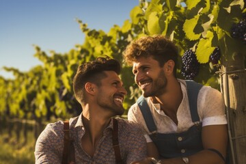 A gay couple enjoying a sunny day at a charming vineyard - obrazy, fototapety, plakaty