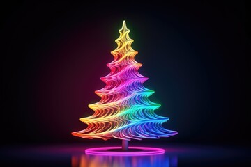 Neon lights fantasy Christmas Tree Background. Merry Christmas, Happy New Year concept. Illustration for postcard, banner, wallpaper, backdrop, web, card. - obrazy, fototapety, plakaty