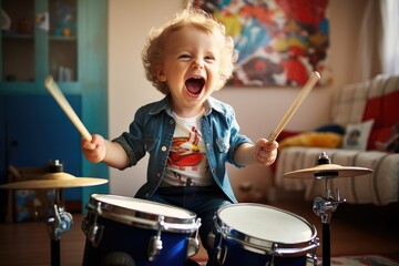 A young child playing with a toy drum set, showing excitement and concentration.