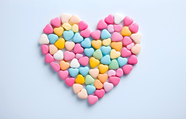 colorful pastel candies heart shape background top view