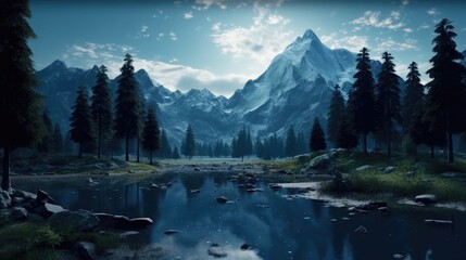 Moonlit Majesty: Mountain Landscape with Lake and Forest at Night
