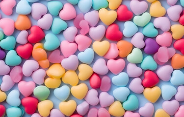background of colorful pastel candies heart shape top view - obrazy, fototapety, plakaty