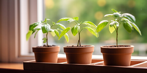 Young small vegetables plant seedling growing in pots on window sill at house indoor. Germination of sprouts in home garden. - obrazy, fototapety, plakaty