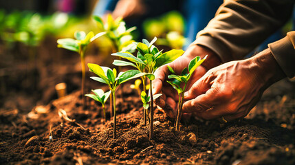 Organic Farmer Nurturing Seedlings in Vegetable Garden - obrazy, fototapety, plakaty