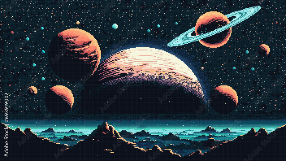 Poster 8bit pixel galaxy space landscape in ai generated