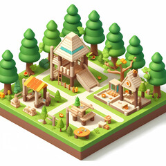Kids Park Forest Wooden Building 3D Isometric Design for Game and mapping 