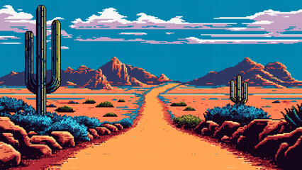 Western desert road landscape. Ai 8bit pixel art