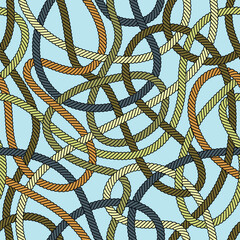 Multicolored tangled ropes on a white background. Abstract intricate geometric design. Green, brown, and blue vintage colors. Seamless repeating pattern. Vector illustration.