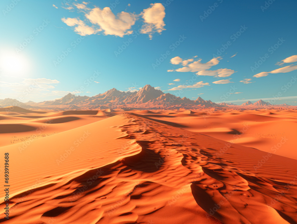 Poster desert dunes leading towards distant mountains under a sunny sky. generative ai