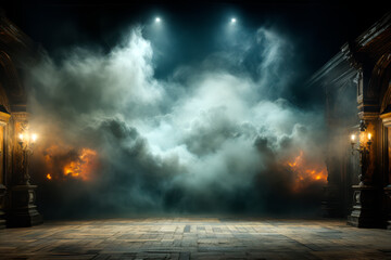 Mystical theater stage with smoke and dramatic lighting. Mystery and fantasy concept. Generative AI
