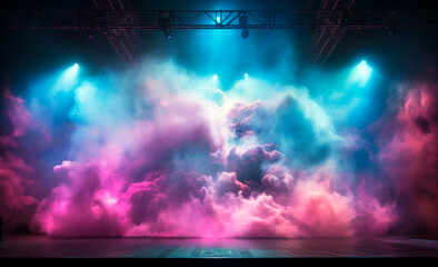 Dynamic concert stage with intense pink and blue fog. Energy and performance concept. Generative AI