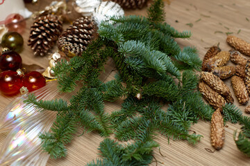 Homemade Craft christmas tools and decorations on table