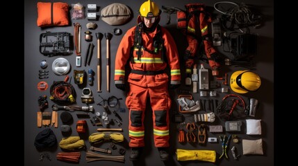 Firefighter Equipment of knolling flat lay arrangement.