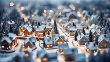 Obraz premium Silvery, Snowy Christmas Town - Tilt-Shift Effect of Miniature Winter Village