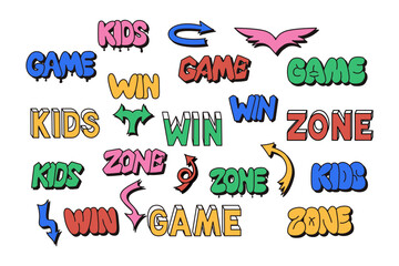 Nostalgia sticker set with lettering in 90s style. Hand drawn lettering in bubble, street style graffiti and 2000s style. Words Kids, Zone, Win, Game. Ideal for stickers, design element, pattern