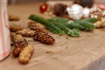 Homemade Craft christmas tools and decorations on table