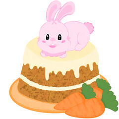 Cartoon carrot cake with a cute pink rabbit lying on the cake.