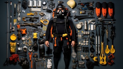 Scuba diving instructor 's Equipment knolling flat lay arrangement. - obrazy, fototapety, plakaty