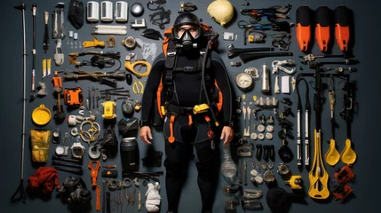 Poster Scuba diving instructor 's Equipment knolling flat lay arrangement. © ETAJOE
