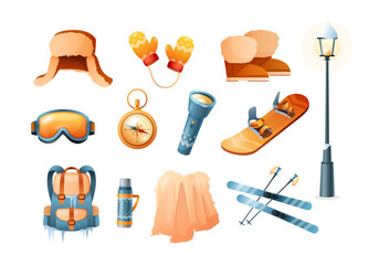 Winter tourism set. Vector season icon set with warm, cozy gloves, shoes, hat, coverlet, snowboard, ski, lantern, backpack, compass, flashlight, thermos. Christmas elements. Sports equipment