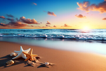 Fototapeta na wymiar Two starfishs on the beach with the sun setting. Generative AI