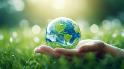 Hands Holding a White Jigsaw Puzzle with Globe Glass Earth - Concept of Global Cooperation and Environmental Partnership for Sustainable Solutions Worldwide.